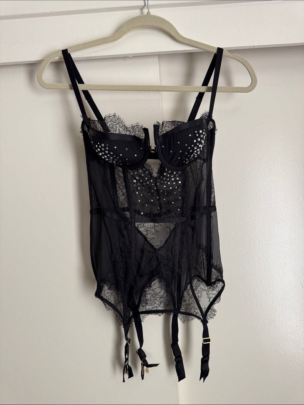 Victoria’s Secret Black Lace bustier  & Stud Garter Bodysuit fashion show 36C